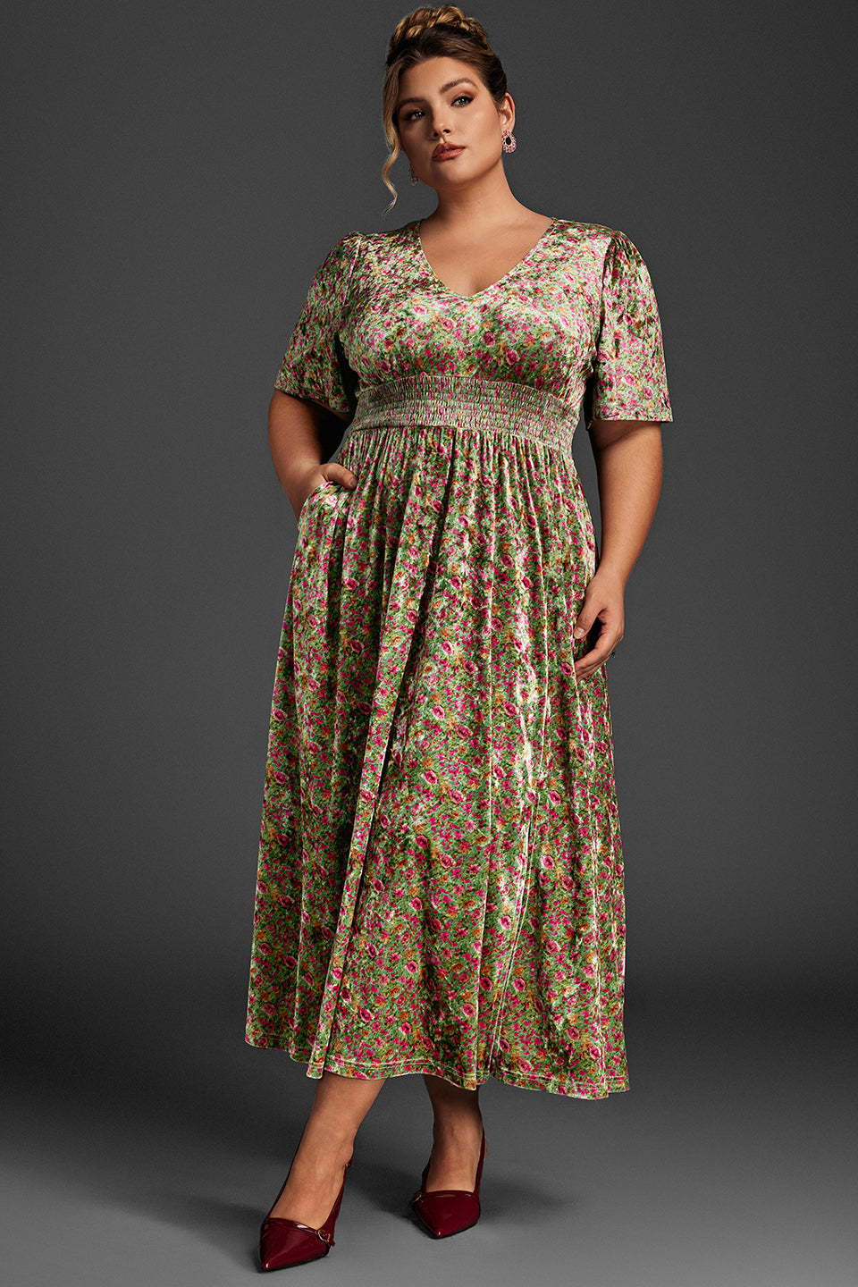 Curveins Plus Size Mauve Velvet Floral Maxi Dress