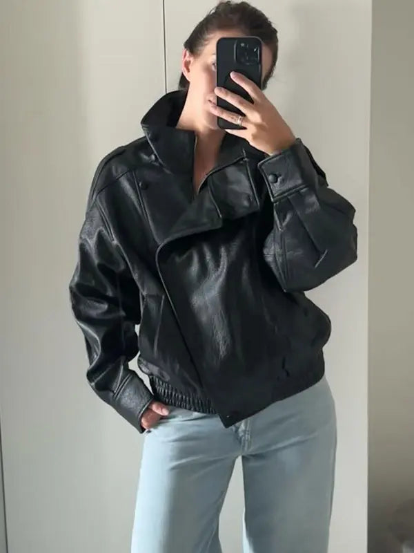 Black Faux Leather Jacket Stand Collar Oversized Moto Biker Jacket Elastic Hem Streetwear Casual Long Sleeve Waterproof Windproof Outerwear for Spring & Fall, Ladies Clothes for Daily Wear