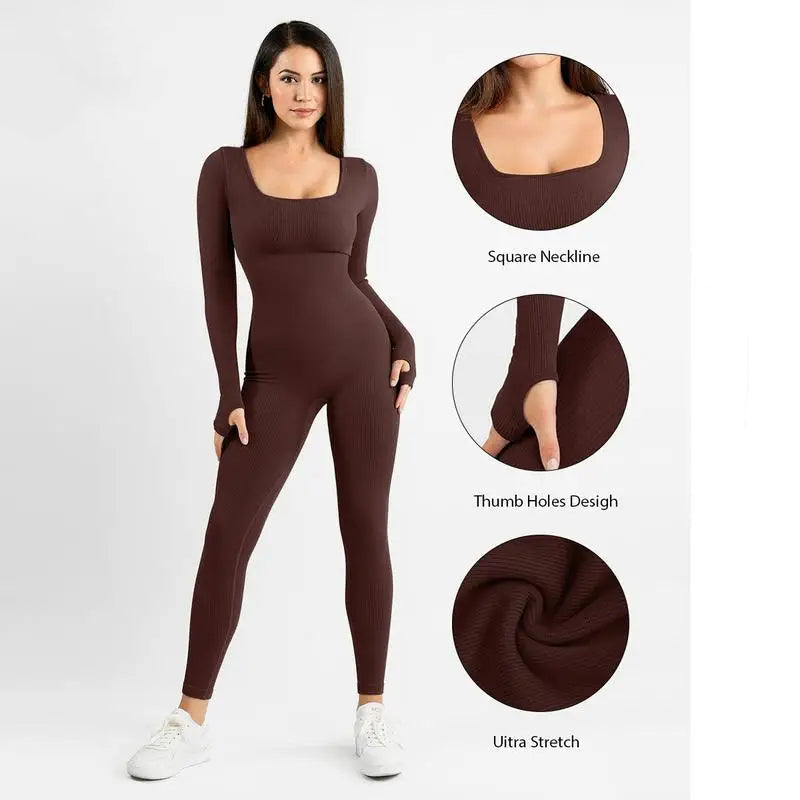 Womenswear Workout Solid Color U Neck Seamless Long Sleeve Yoga Jumpsuit,Jumpsuit for Daily Outdoor Wear,Plain Thumb Holes Sportswear