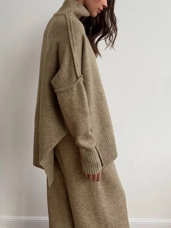 Women's 2 Pcs Sweater Set Autumn/Winter Long Sleeve Turtle Neck Drop Shoulder Solid Color Pullover Sweater and Wide Leg Pants