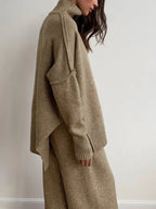Women's 2 Pcs Sweater Set Autumn/Winter Long Sleeve Turtle Neck Drop Shoulder Solid Color Pullover Sweater and Wide Leg Pants