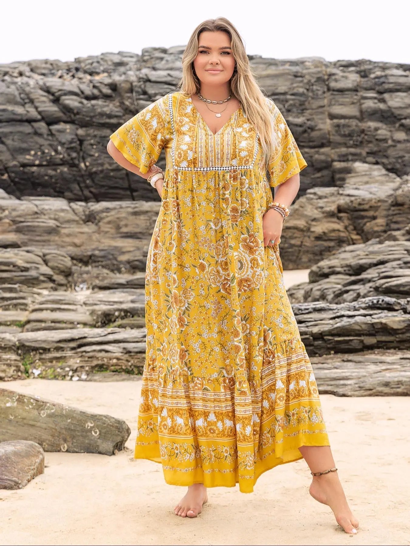Plus Size Patchwork Floral Print Tie Neck Contrast Lace Ruffle Hem Long Dress, Boho Butterfly Sleeve Smock Dress, Ladies Summer Clothes for Vacation