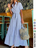 Women's Striped Print Belted   Dress, Elegant Casual  Long Dress for Summer, Women's Clothing for Daily Wear