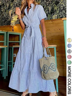 Women's Striped Print Belted   Dress, Elegant Casual  Long Dress for Summer, Women's Clothing for Daily Wear
