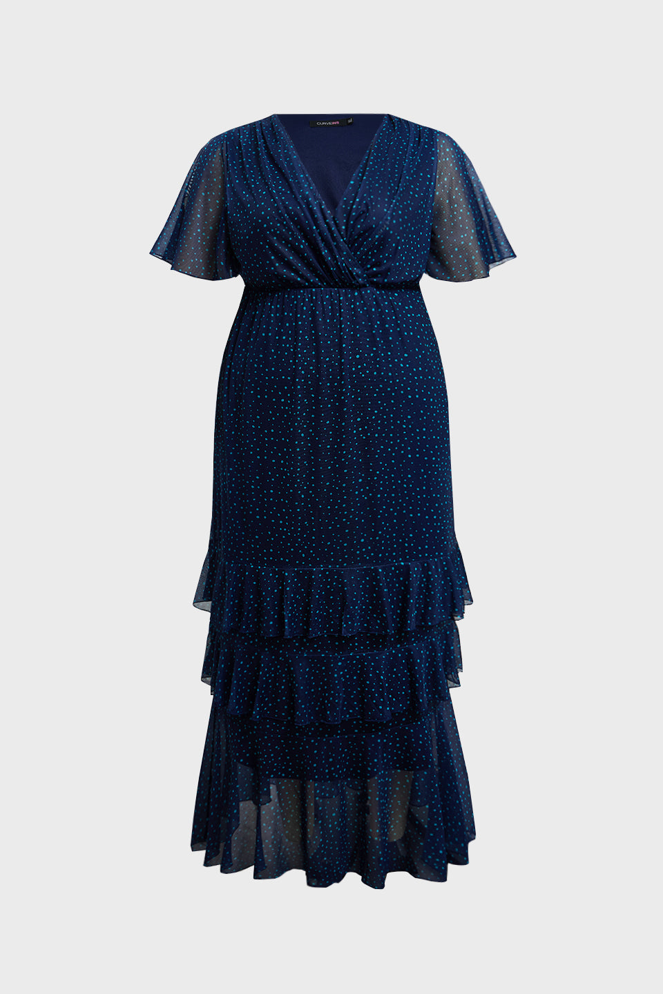 Curveins Plus Size V-Neck Batwing Sleeve Printed Maxi Dress with Ruched Detail