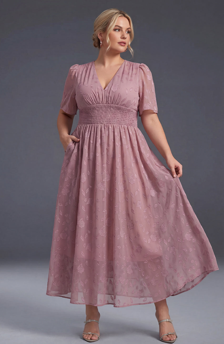 Curveins Plus Size V-Neck High-Waist Pleated Maxi Dress