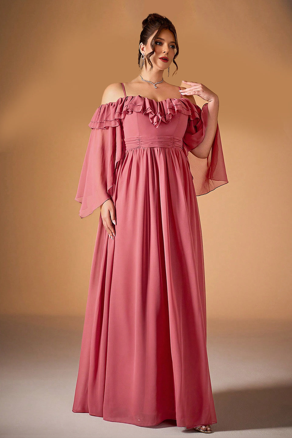 Curveins Plus Size Off-Shoulder Long Sleeve Solid Color Waist-Defined Maxi Dress