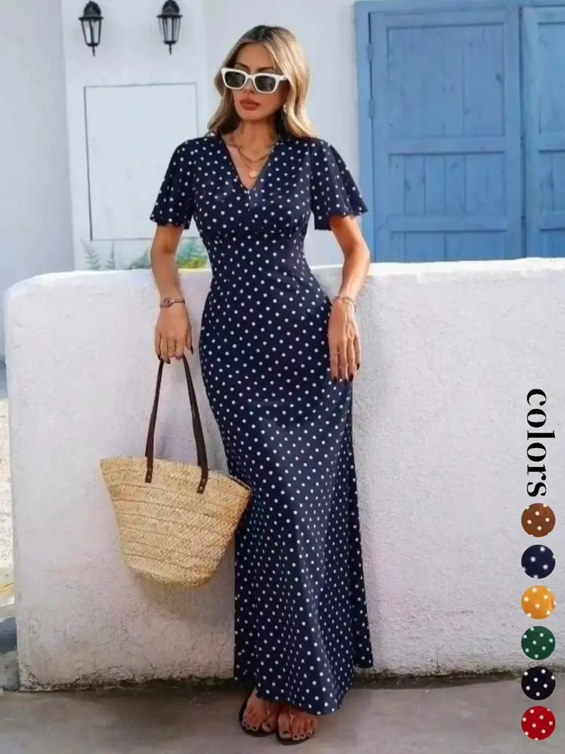 Women's Bohemian V-Neck Short Sleeve Long Dress, Casual Polka Dot Vacation Style, New European and American Fashion