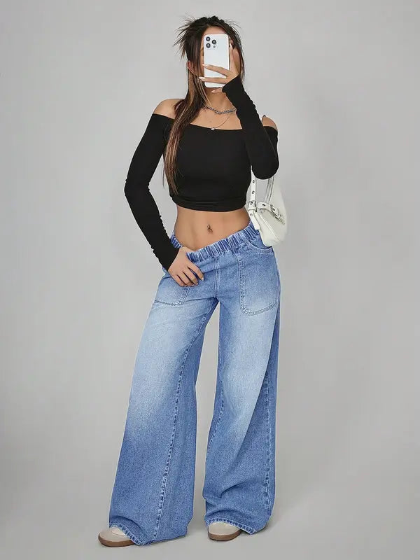 Women's High Waisted Casual Pants, Loose Wide Leg Jeans with Pockets, Elastic Waist, Button Front, All Seasons, Daily Wear