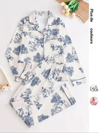 Two-Piece Set Women's All Over Print Button Front Pocket Lapel Shirt & Elastic Waist Pants Pyjama, Casual Comfy Long Sleeve Top & Trousers PJ Set, Women's Sleepwear for Spring & Fall