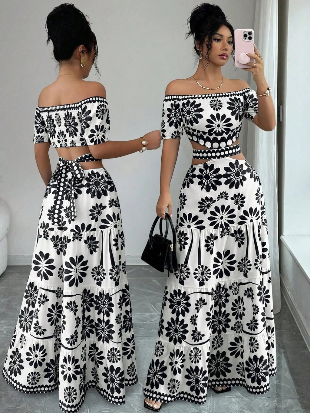 Women's off-the-shoulder short-sleeve floral dress with waist cutouts