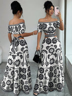 Women's off-the-shoulder short-sleeve floral dress with waist cutouts