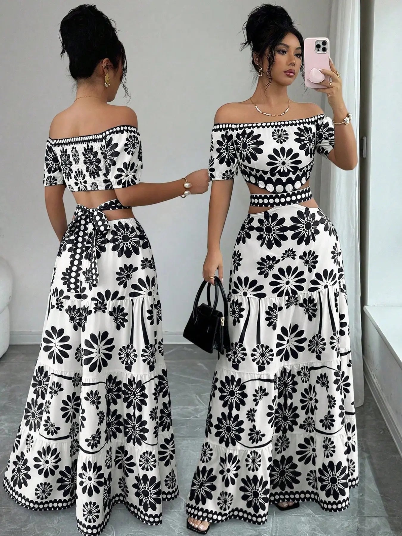 Women's off-the-shoulder short-sleeve floral dress with waist cutouts