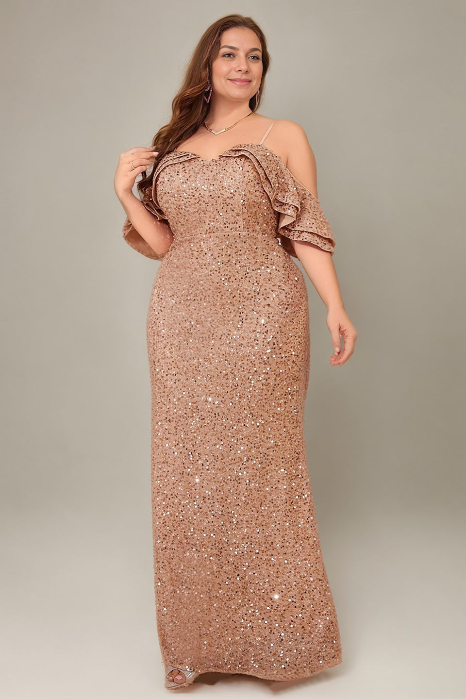 Curveins Plus Size Sequin Off The Shoulder Ruffle Formal Dress
