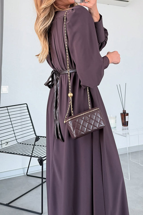 Women Elegant Deep V Lantern Sleeve Leather Waist Maxi Dress