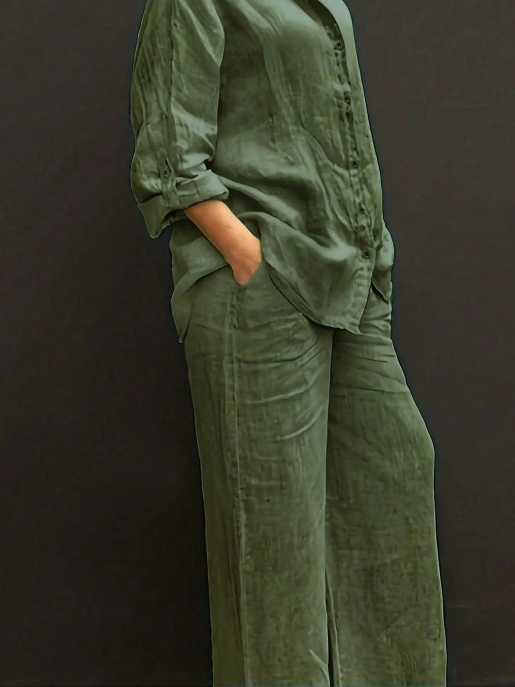 Women's Solid Color Shirt & Wide Leg Pants Set, Casual Fashion Cozy Breathable Two-piece Outfits for Daily Outdoor Wear, Women Clothes for Spring Fall