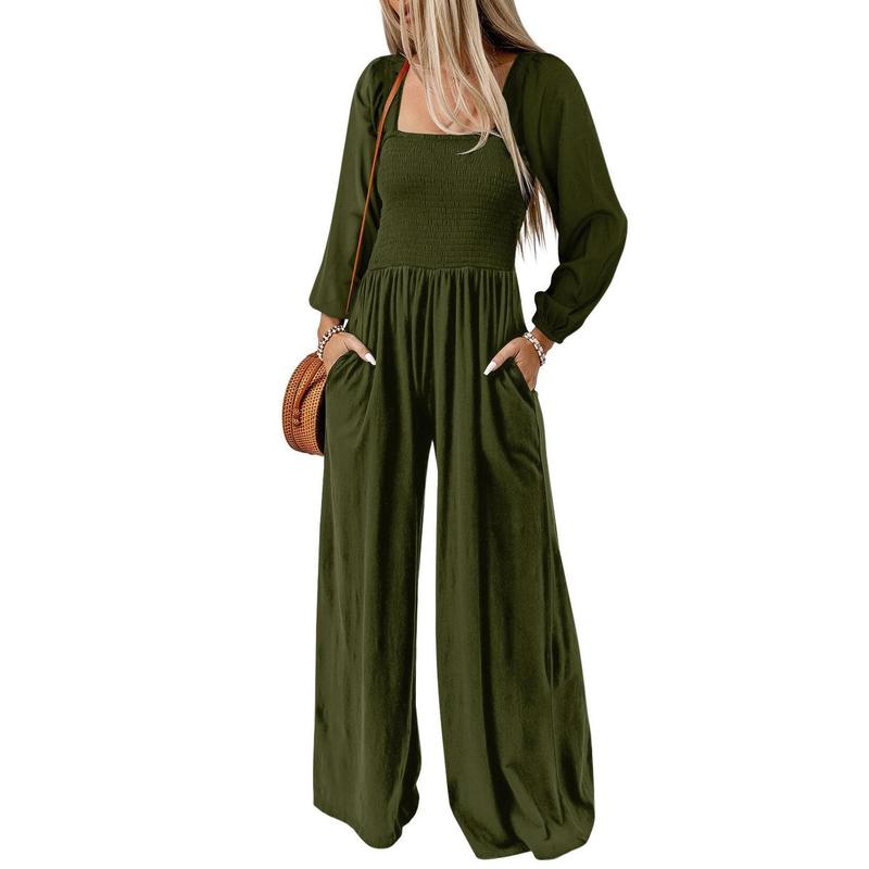 Women's Casual Loose Overalls Jumpsuits One Piece Long Sleeve Wide Leg Long Pant Rompers With Pockets