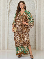 Women's Leopard Print Batwing Sleeve Split Hem Kaftan Dress, Casual Modest Style V-Neck 3/4 Sleeve Long Dress for Fall & Winter, Women's Islamic Clothing for Daily Wear
