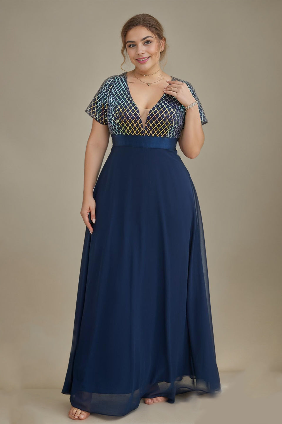 Curveins Plus Size Sequin V-Neck Short Sleeve Maxi Evening Gown