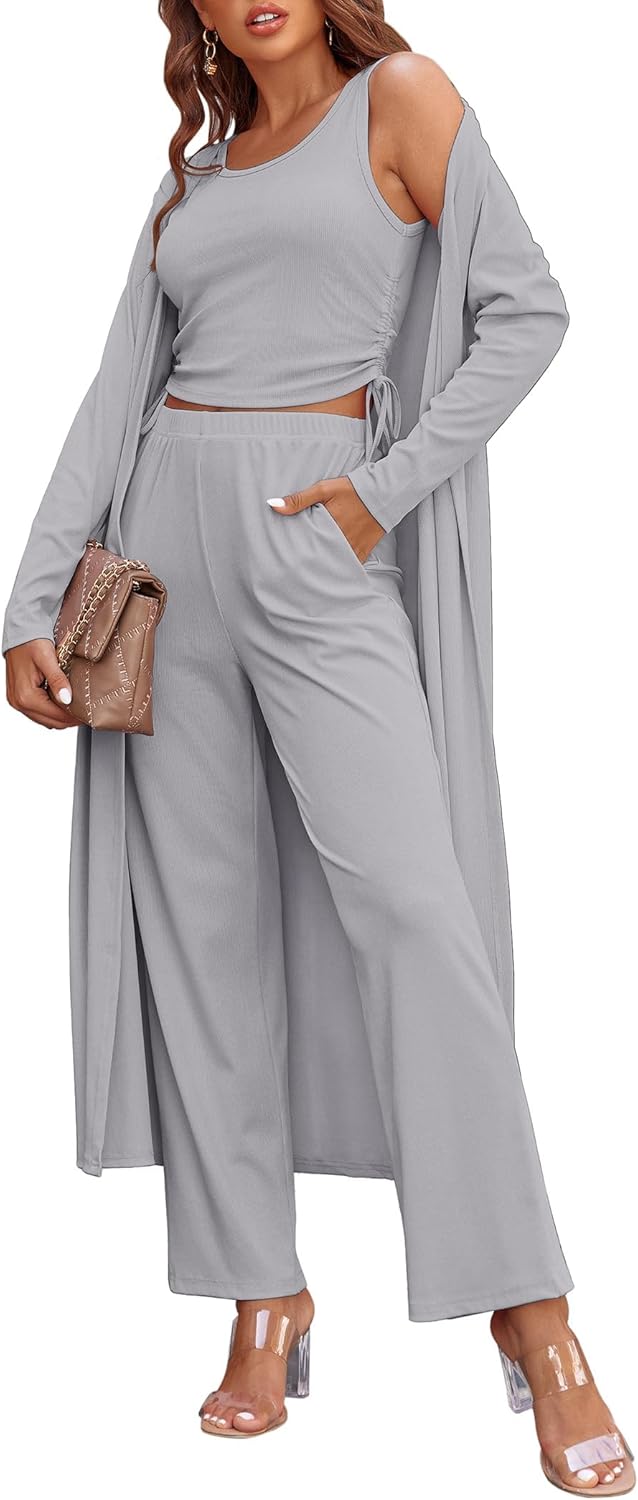 Women's 3 Piece Lounge Set Pajama Long Sleeve Cardigan Sleeveless Top Pants Sweatsuit