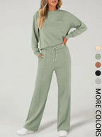 2 Piece Women's Casual Long Sleeve Pocket Sportswear Set, Stylish Wide Leg Athletic for All Seasons, Comfortable Fitted Fashion