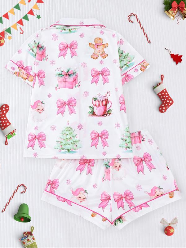 Women's Christmas Pajama Set, Santa Cookie Print, Short Sleeve Button-up Top & Elastic Shorts, Casual All-season Sleepwear, Christmas Pyjamas, Loungewear