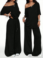Women's Casual Solid Color Sport Two-Piece Set, Loose Long Pants & Wide Leg Slant Neck Pant Suit, Spring & Fall Fashion