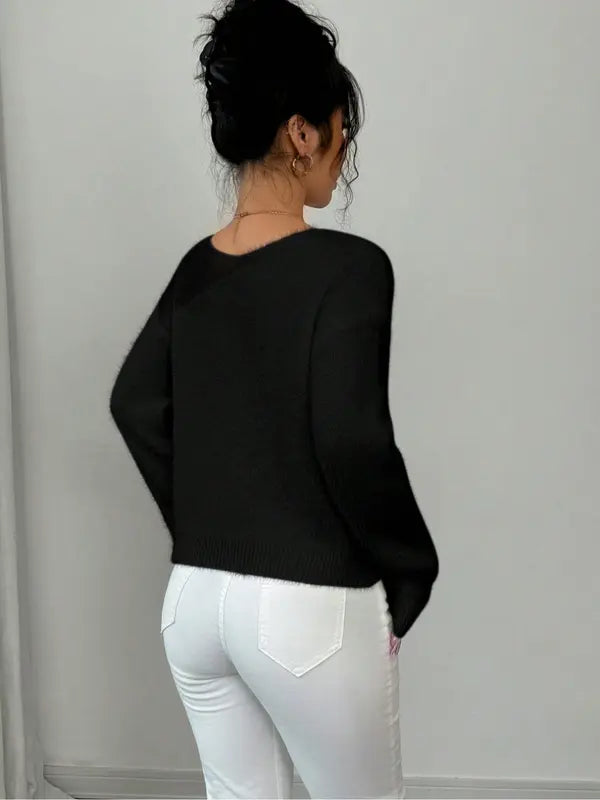 Women's Solid Color Sweater, Casual Long Sleeve Jumper for Fall & Winter, Comfortable Women's Knitwear for Daily & Party Wear