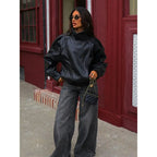 Black Faux Leather Jacket Stand Collar Oversized Moto Biker Jacket Elastic Hem Streetwear Casual Long Sleeve Waterproof Windproof Outerwear for Spring & Fall, Ladies Clothes for Daily Wear