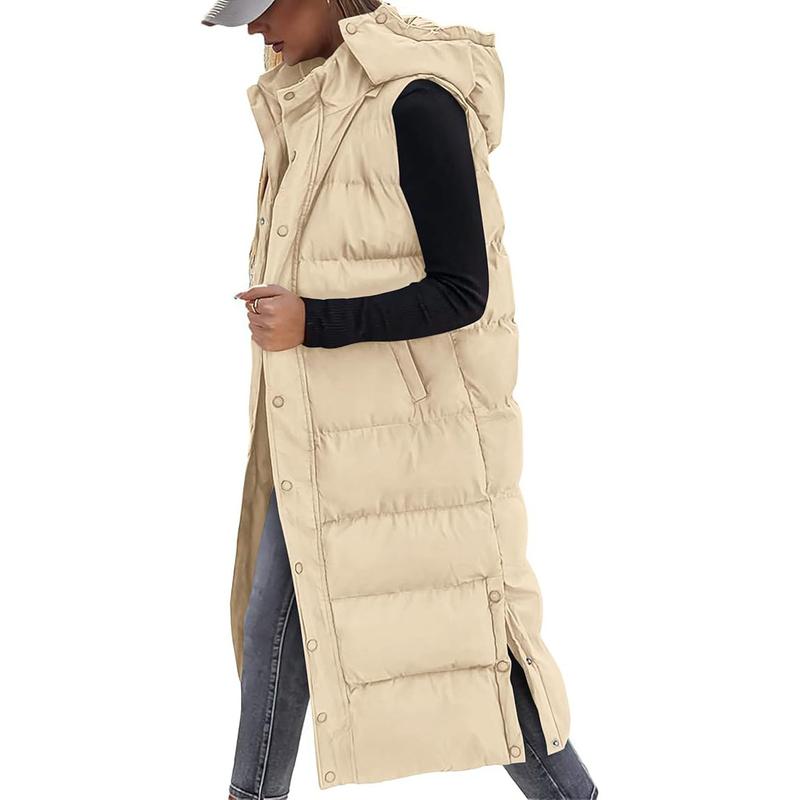 Women's Long Puffer Vest with Quilted Hood and Button Down Closure for Winter Coat 2025 - Tops, Womenswear