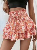 Women's Floral Print Woven Fabric Frill Trim Shirred Tiered Layer Shorts, Casual Lightweight Loose High Waist Tie Front Drawstring Wide Leg Shorts for Spring & Fall, Women's Bottoms for Daily Wear, 1 Piece Womenswear
