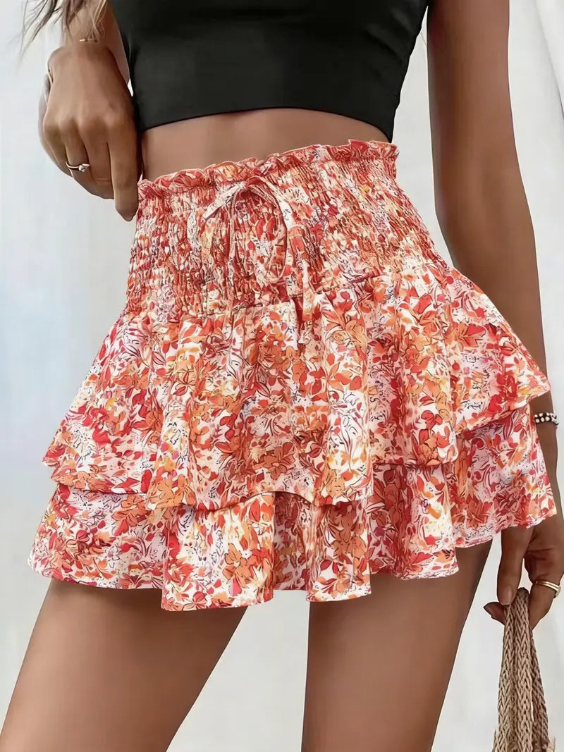 Women's Floral Print Woven Fabric Frill Trim Shirred Tiered Layer Shorts, Casual Lightweight Loose High Waist Tie Front Drawstring Wide Leg Shorts for Spring & Fall, Women's Bottoms for Daily Wear, 1 Piece Womenswear