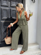 Women's Striped Two-Piece Set: Sleeveless Tie-Waist Top and Relaxed Long Pants — Vintage Bohemian Style, Commuter Outfit