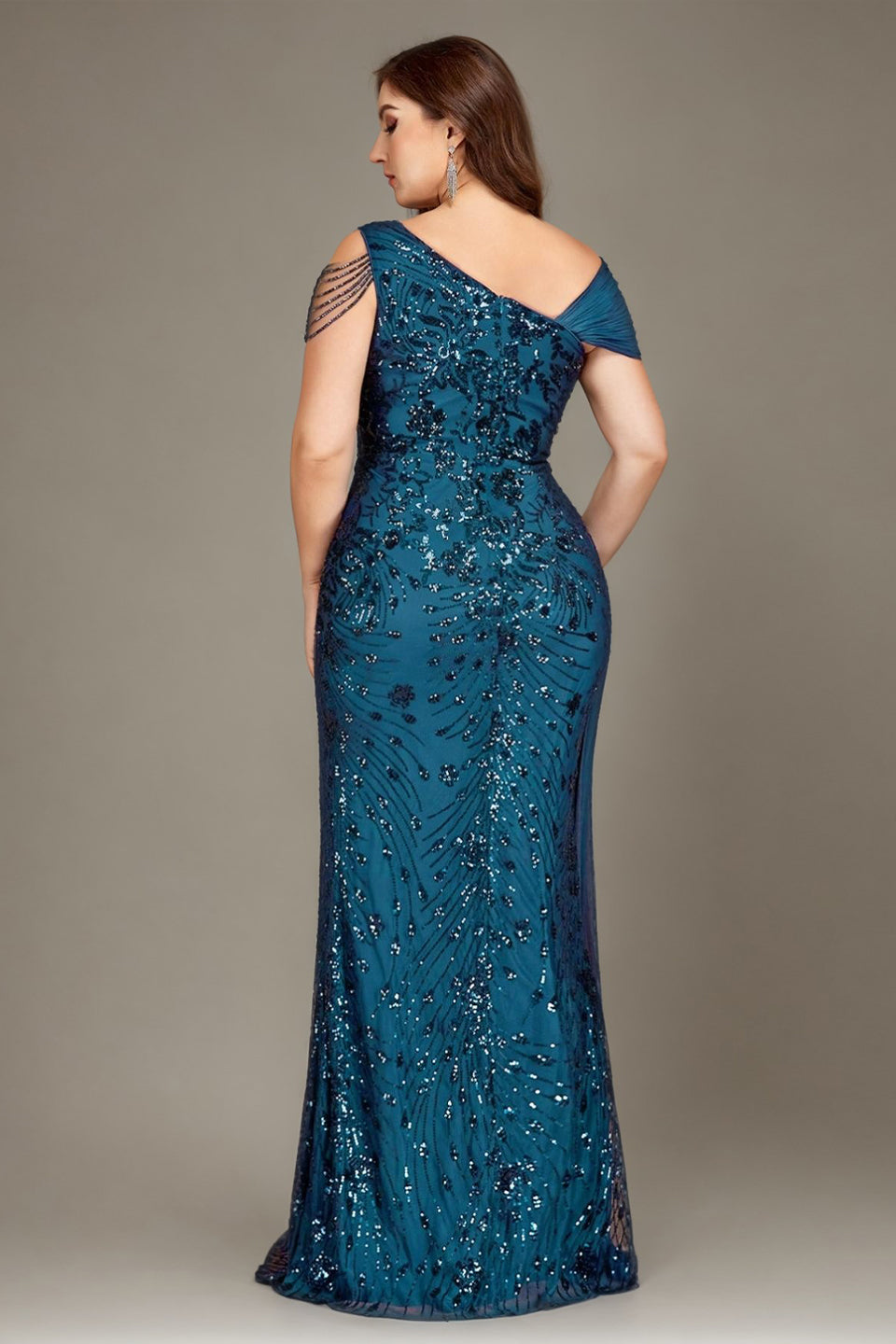 Curveins Plus Size One Shoulder Sleeveless Beaded Ribbon Elegant Maxi Dress
