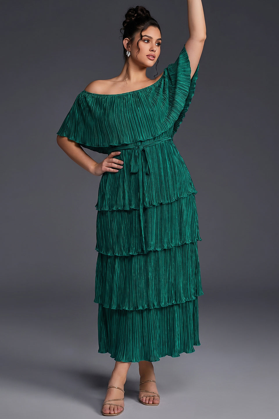 Curveins Plus Size Off-Shoulder Pleated Tiered Maxi Dress