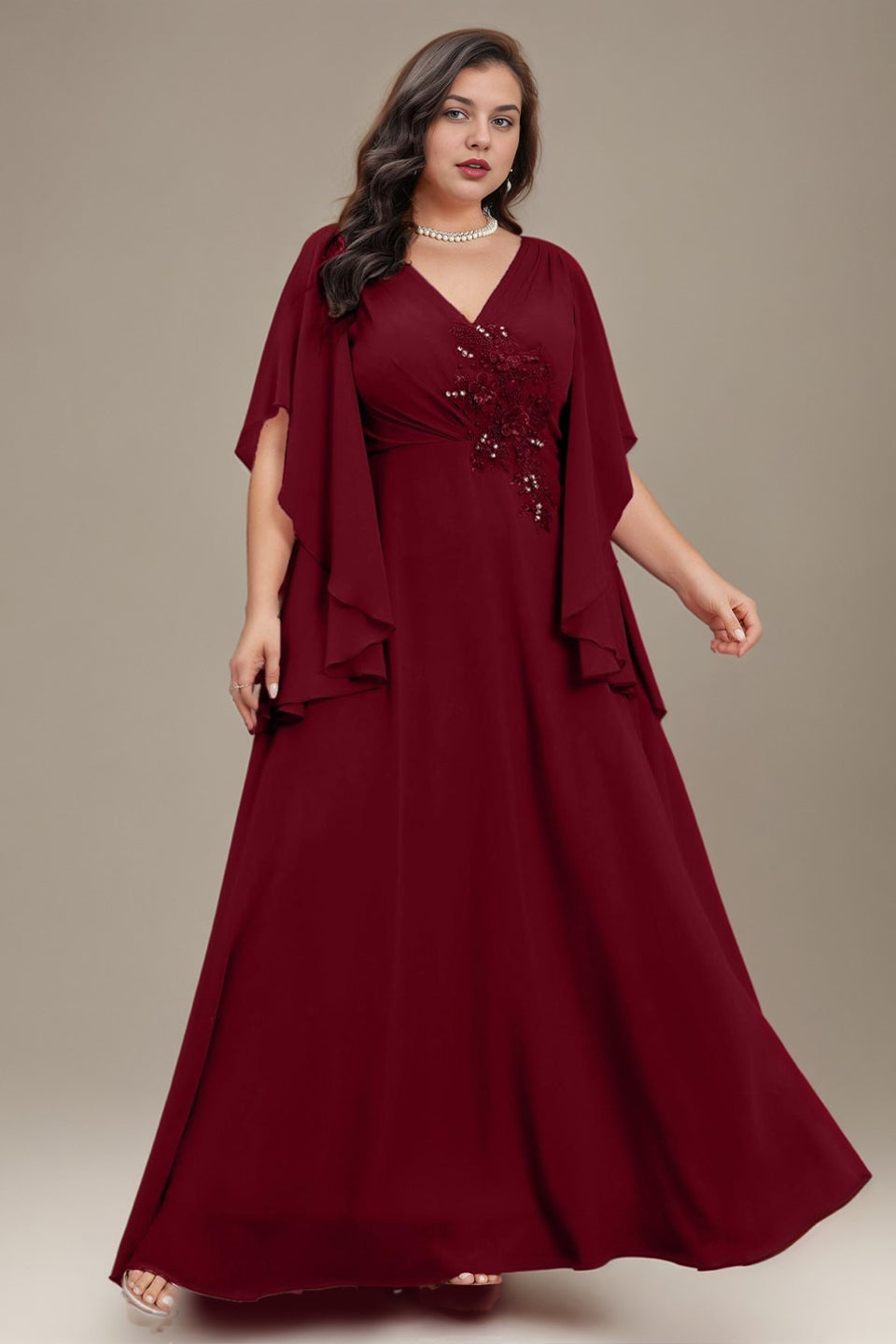 Curveins Plus Size V Neck Batwing Sleeve Chiffon Maxi Dress Elegant Flowing Fit