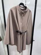 Women's Plain Front Buckle Belted Woolen Cape Coat