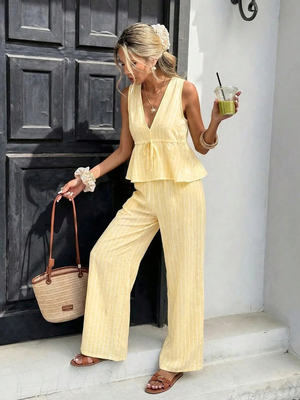 Women's Striped Two-Piece Set: Sleeveless Tie-Waist Top and Relaxed Long Pants — Vintage Bohemian Style, Commuter Outfit