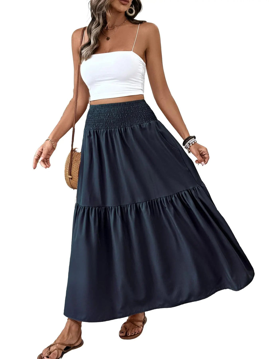 Women's Floral Casual A-Line Skirt, Elastic Waist Pockets, Leaf Hem, Long Fitted Skirt, Fashionable Mid-Length Dress