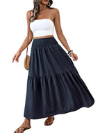 Women's Floral Casual A-Line Skirt, Elastic Waist Pockets, Leaf Hem, Long Fitted Skirt, Fashionable Mid-Length Dress