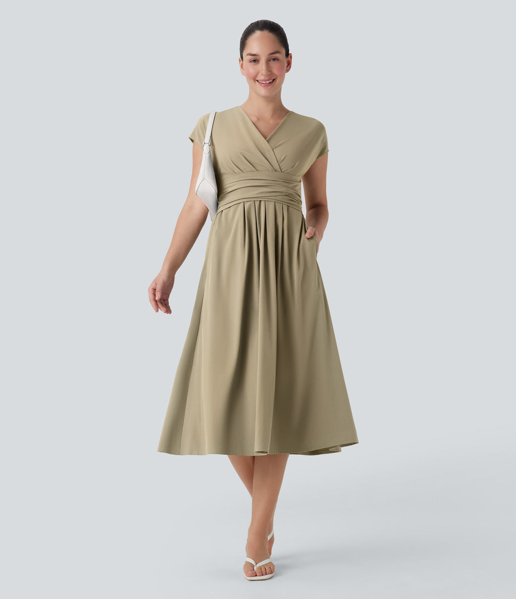 Casual midi dress, V-neck, short sleeves, side pockets, tie-back detail, quick-drying