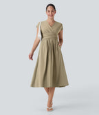 Casual midi dress, V-neck, short sleeves, side pockets, tie-back detail, quick-drying
