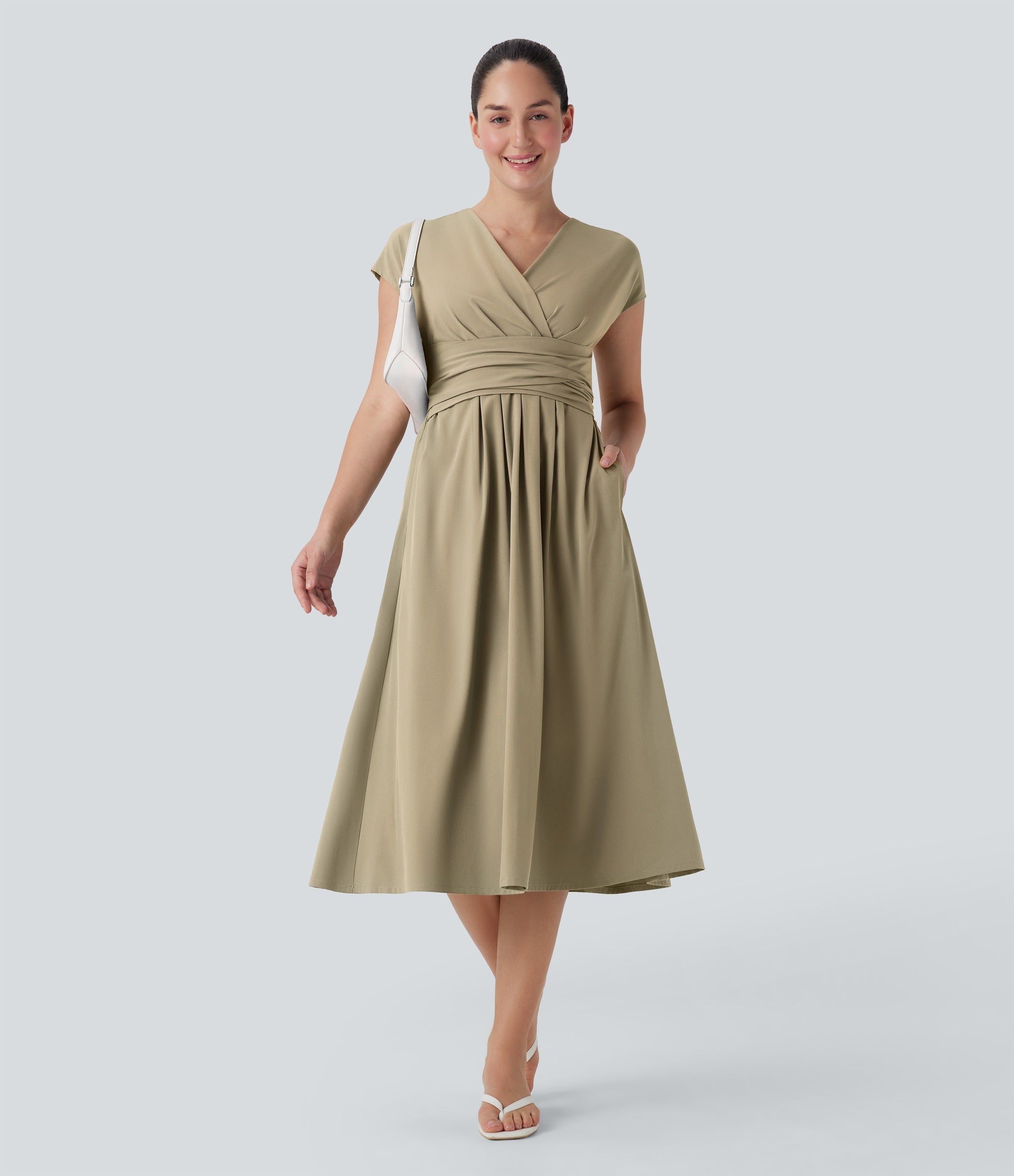 Casual midi dress, V-neck, short sleeves, side pockets, tie-back detail, quick-drying