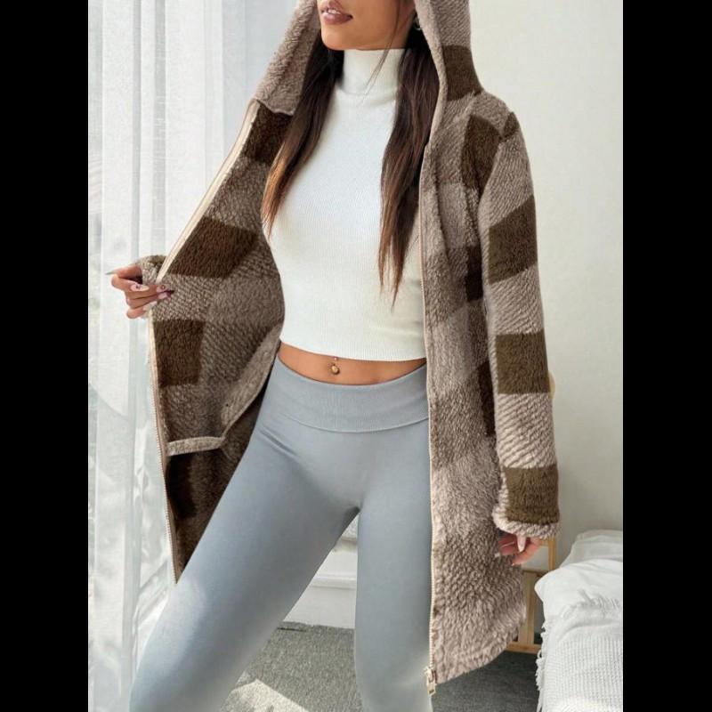Women's  Plaid & Fluffy Trim Zip Front Hoodie Jacket, Ladies Casual In Fall/Winter