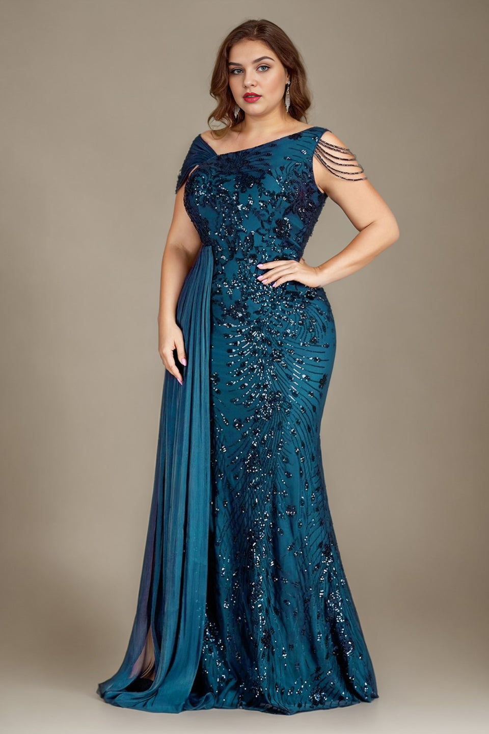 Curveins Plus Size One Shoulder Sleeveless Beaded Ribbon Elegant Maxi Dress