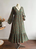 Plus Size Women's Floral Woven Dress, Fall Winter V Neck Tie Back Lace Trim Long Sleeve Maxi Dress, Casual Elegant Fashion