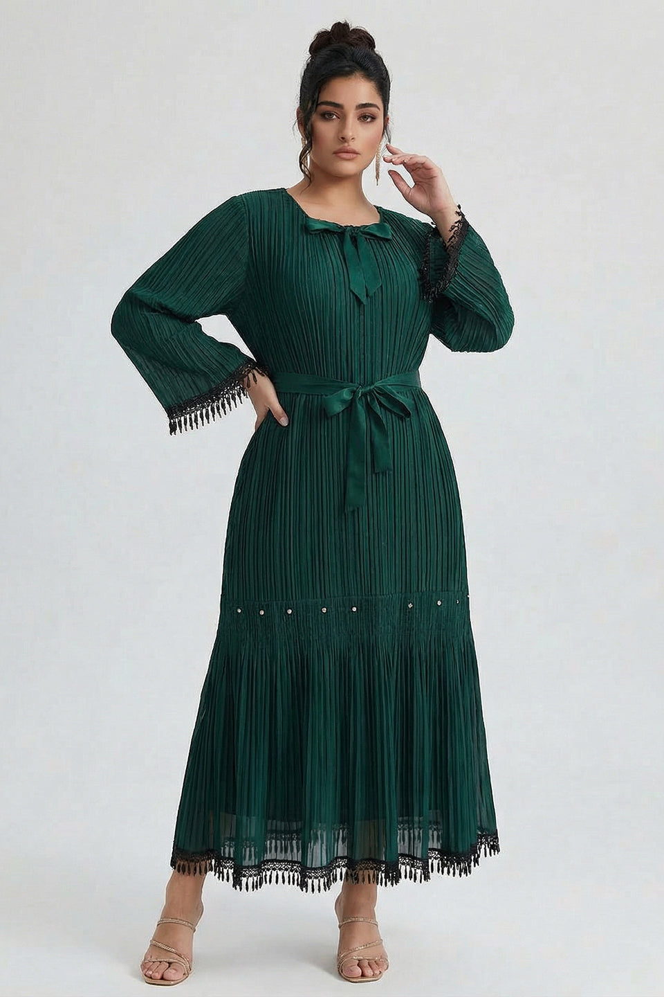 Curveins Plus Size Square Neck Long Sleeve Tie-Up Fringe Maxi Dress