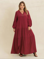 [Plus Size] Plain V-Neck Long Sleeve Maxi Dress, Boho Modest Dress for Daily Holiday Vacation Wear, Women's Plus-Size Clothing for All Seasons