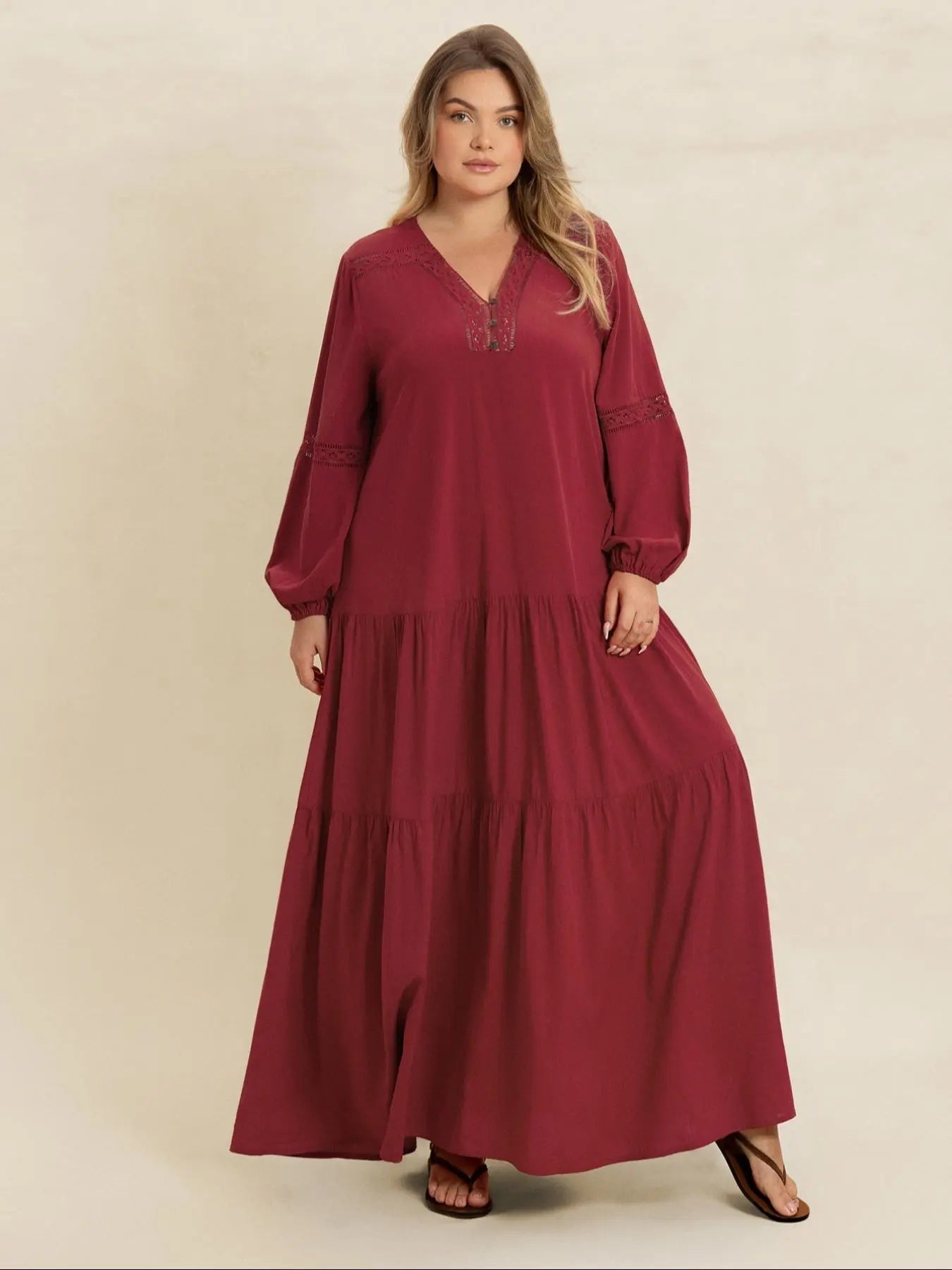 [Plus Size] Plain V-Neck Long Sleeve Maxi Dress, Boho Modest Dress for Daily Holiday Vacation Wear, Women's Plus-Size Clothing for All Seasons