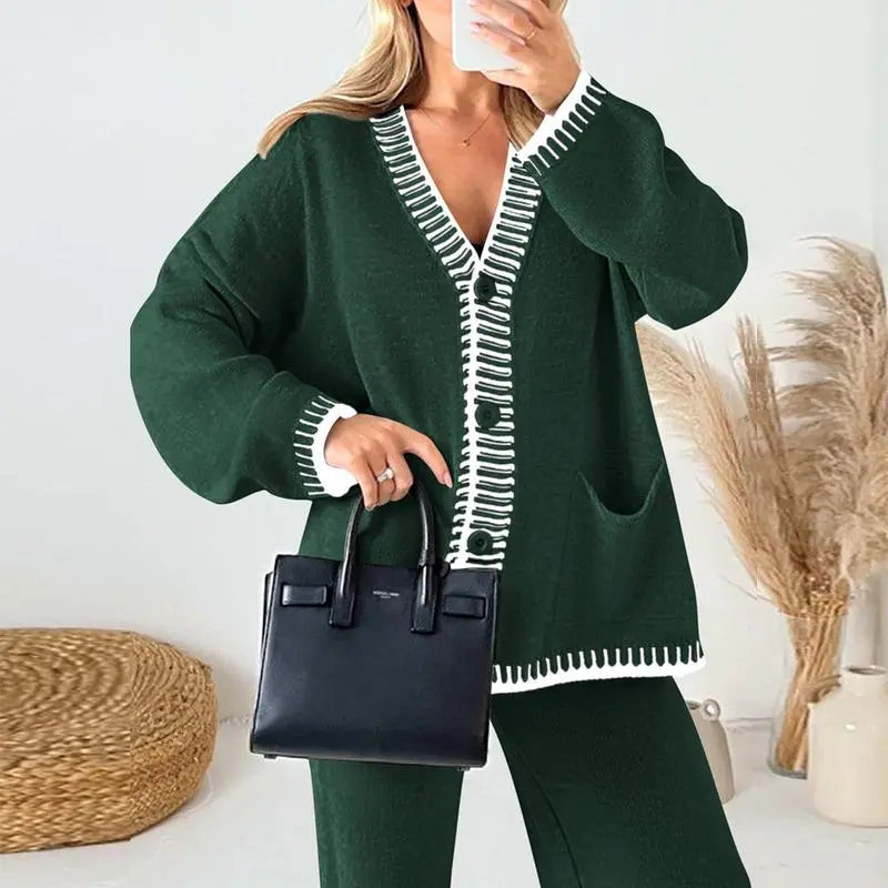 Women's 2 Piece Set Winter Knit Outfits Matching Loungewear Long Sleeve V Neck Cardigan Sweaters Wide Leg Pants Tracksuits